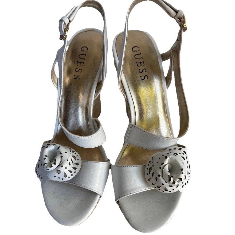 Y2K Guess White Espadrille Wedge Heels Sandals Floral Ankle‎ Strap Size 6.5M